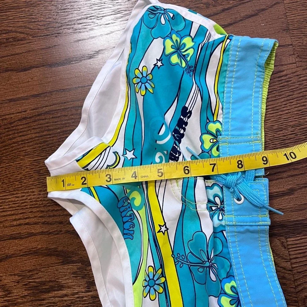 y2k KIDS girls ocean pacific blue & green hibiscus print board swim shorts small